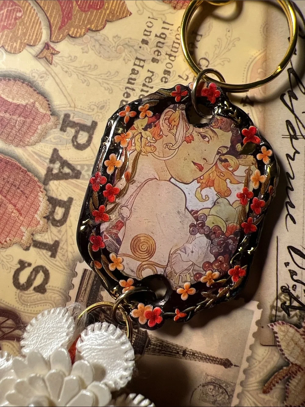 Boho Floral Tassel Keychain, purse charm. Orange, White & Gold